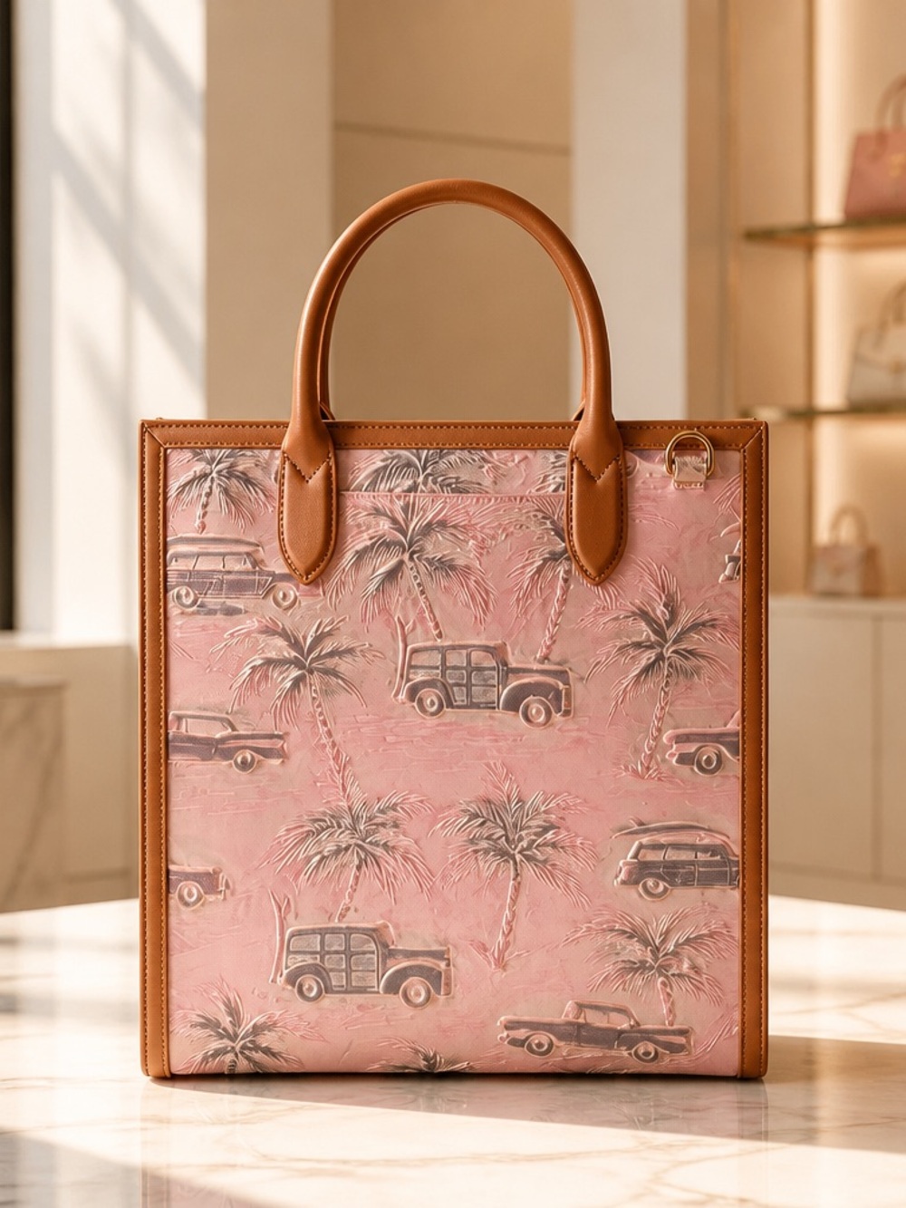 Brahmin Large Leather-Trim Tote Bag in Pink with Palm & Car Print